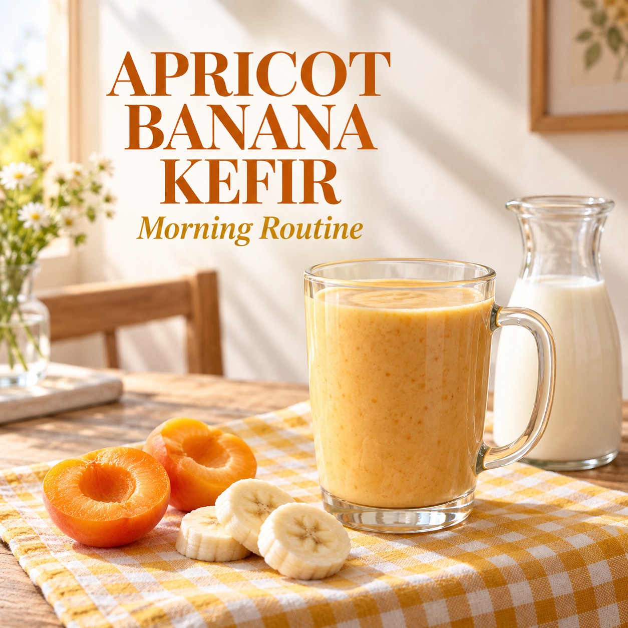 Golden apricot banana kefir smoothie in a handled glass beside apricots and banana, with Apricot Banana Kefir and Morning Routine text.