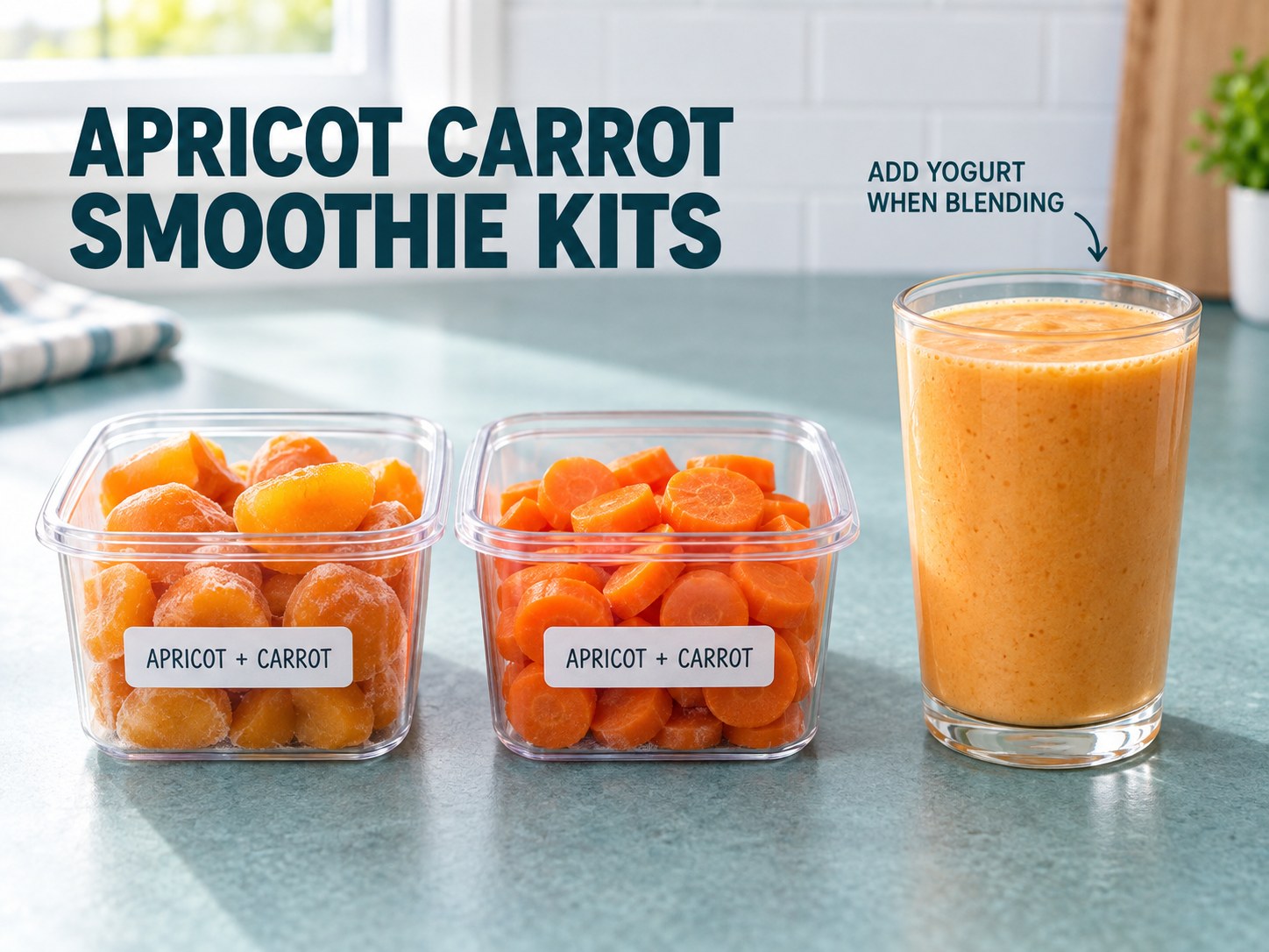 Orange apricot carrot smoothie beside two clear prep containers of apricot and carrot, with a readable Apricot Carrot Smoothie Kits headline.