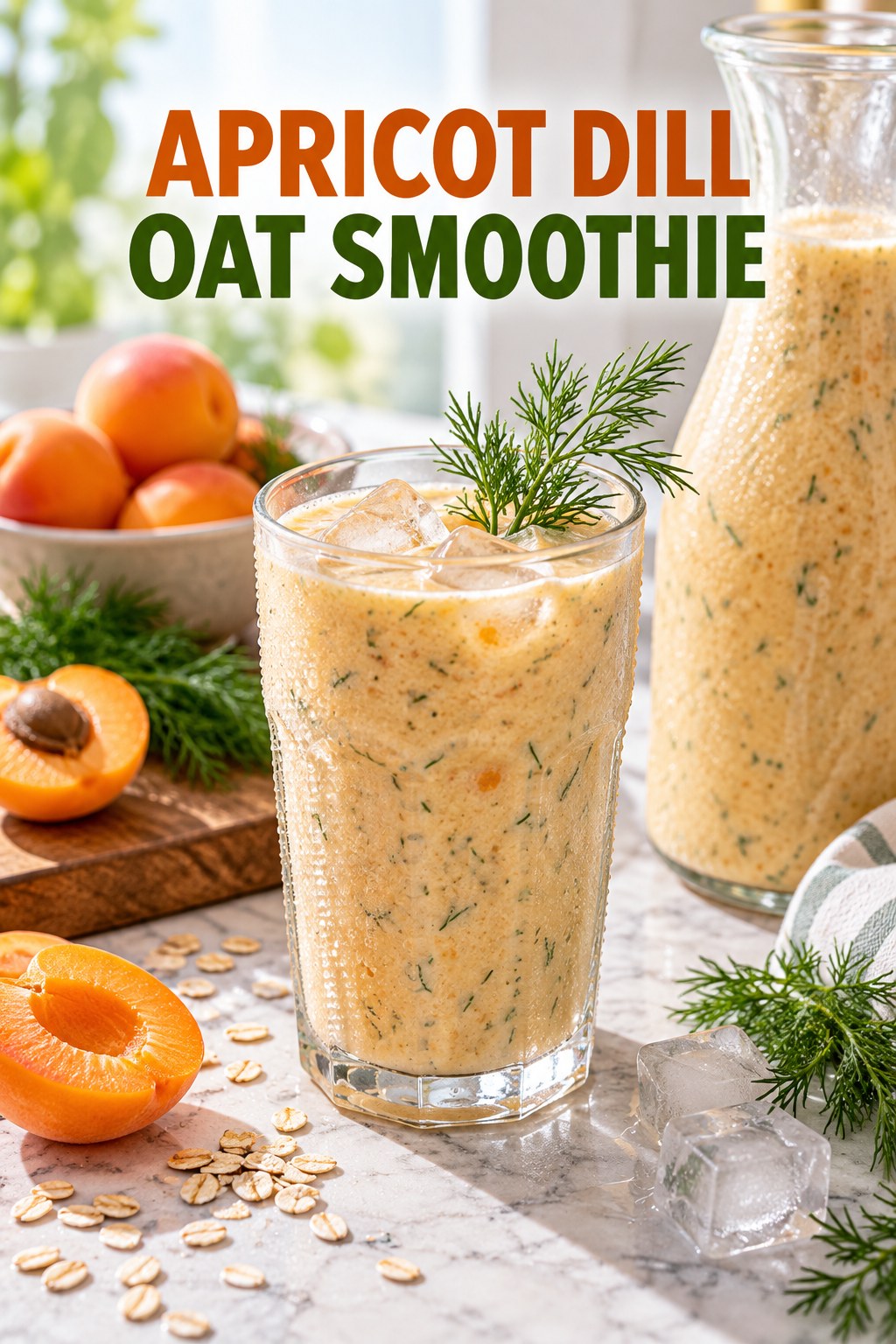 Portrait drink scene with apricot, fresh dill, ice, and a chilled glass of oat smoothie.