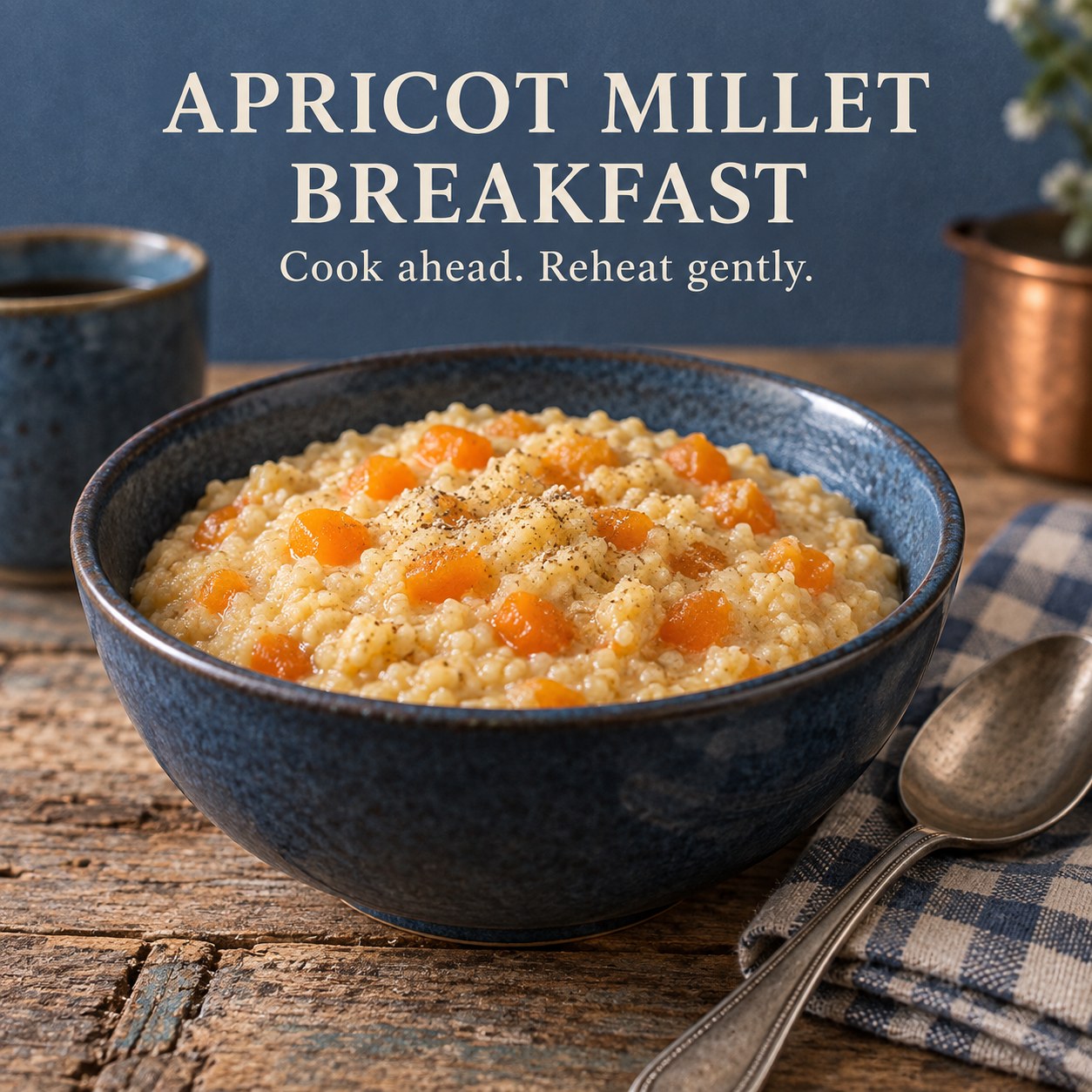 Creamy millet porridge with chopped apricots in a blue bowl under the headline Apricot Millet Breakfast.