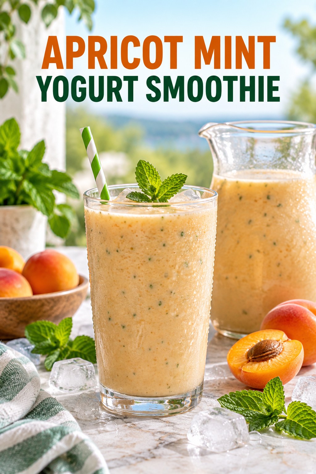 Portrait drink scene with apricot, fresh mint, ice, and a chilled glass of yogurt smoothie.