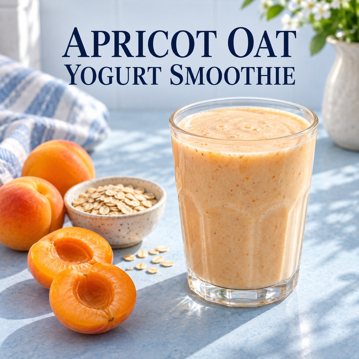 Peach-colored apricot oat smoothie beside fresh apricots and rolled oats on a pale blue kitchen table.