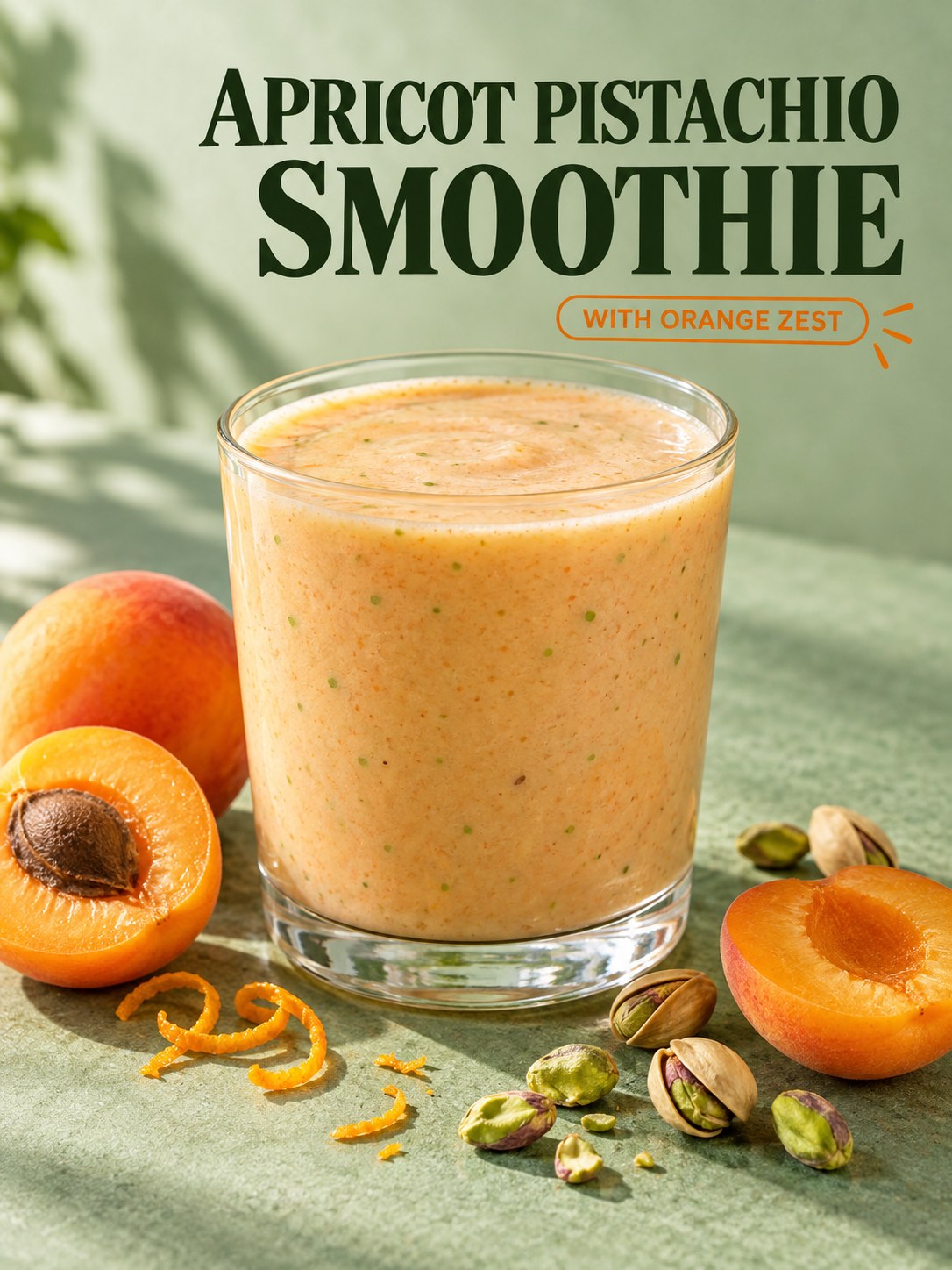 Pale orange apricot pistachio smoothie beside apricot halves and shelled pistachios, with bold Apricot Pistachio Smoothie lettering.