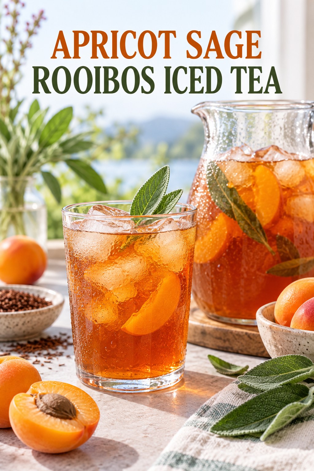 Portrait drink scene with apricot, fresh sage, ice, and a chilled glass of rooibos iced tea.