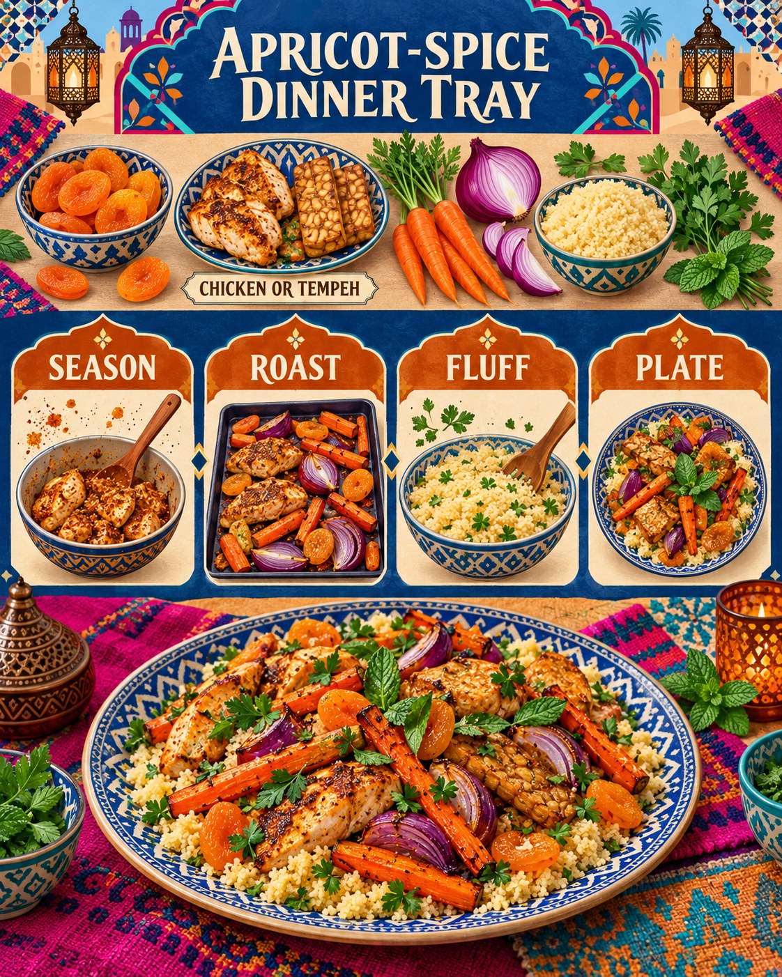 Sapphire, orange, fuchsia, turquoise, sand, and brown textile infographic for an apricot-spice dinner tray.