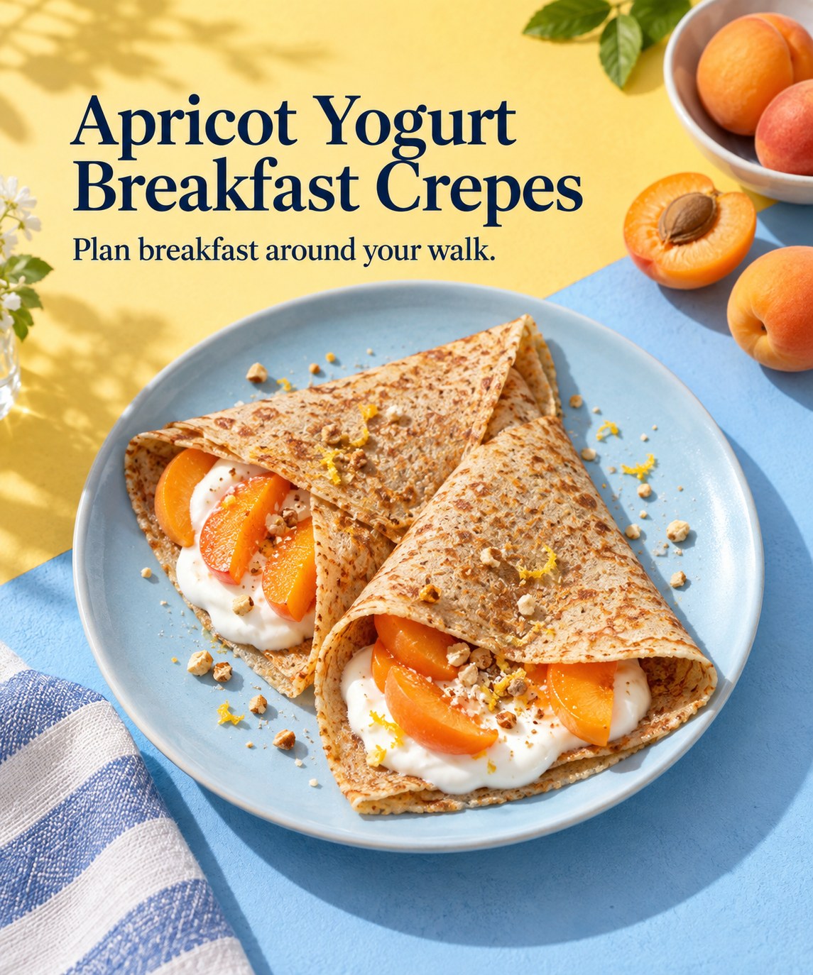 Folded wholewheat crepes filled with yogurt and fresh apricots on a pale blue plate.