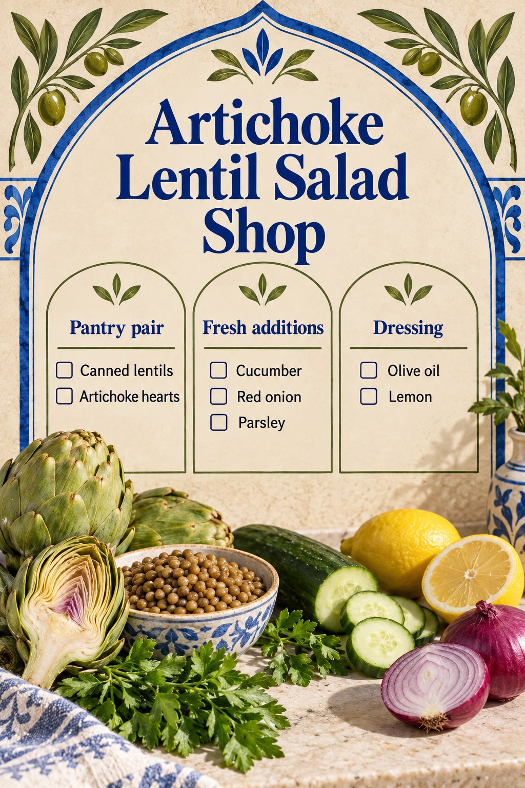 Sand and cobalt arch grocery checklist listing lentils, artichoke hearts, cucumber, red onion, parsley, olive oil and lemon.