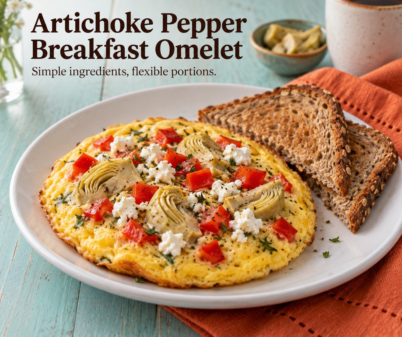 Open-faced omelet with artichoke hearts, red pepper, and goat cheese beside wholegrain toast.