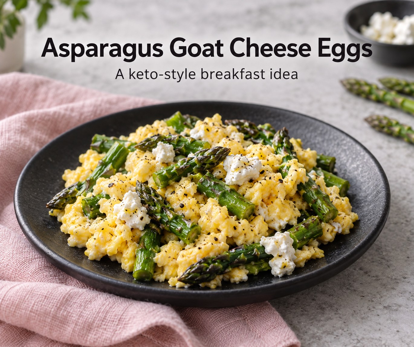 Scrambled eggs with asparagus and goat cheese beneath the words Asparagus Goat Cheese Eggs.