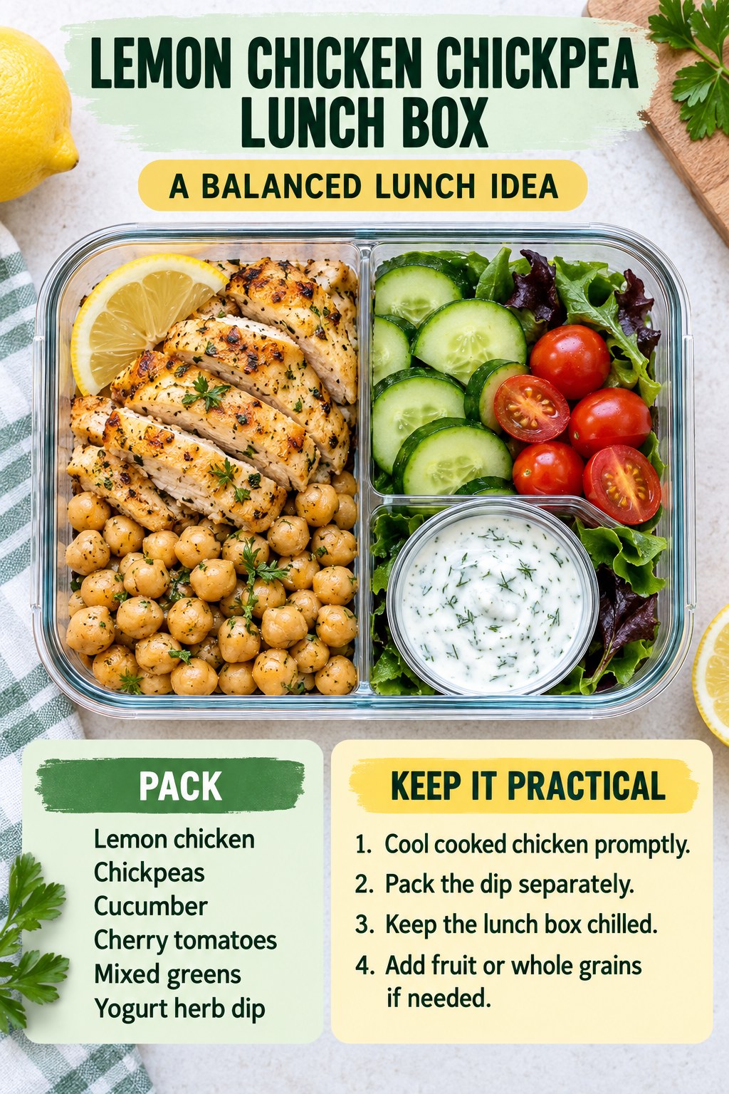 Lemon chicken chickpea lunch box with cucumber, tomatoes, mixed greens, yogurt-herb dip, and practical packing tips.