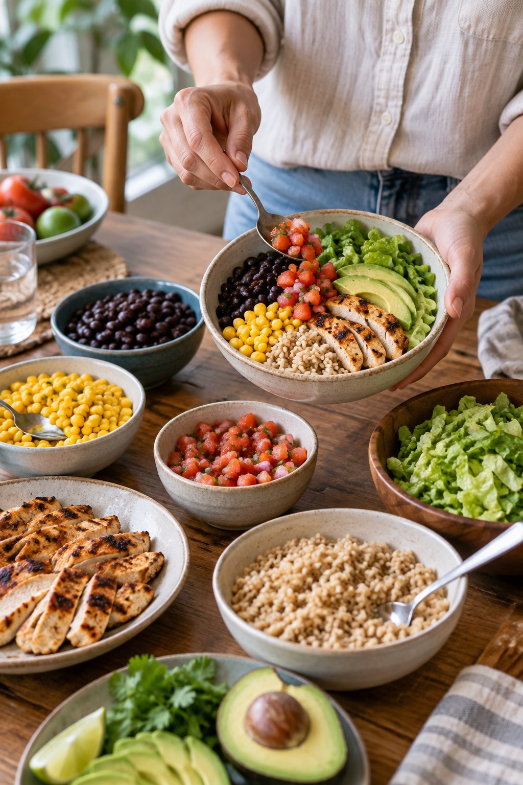 Adult assembling a bowl with chicken, black beans, corn, tomato, lettuce, avocado, and brown rice.