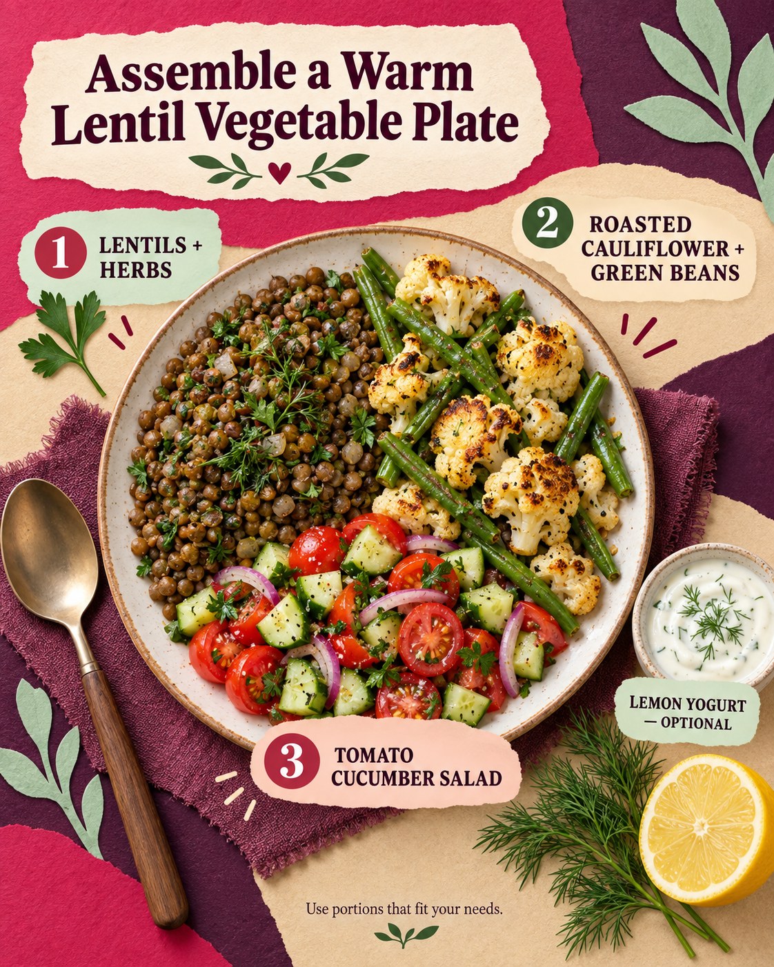Raspberry, mint, sand, and plum collage infographic showing lentils, roasted vegetables, salad, and yogurt.