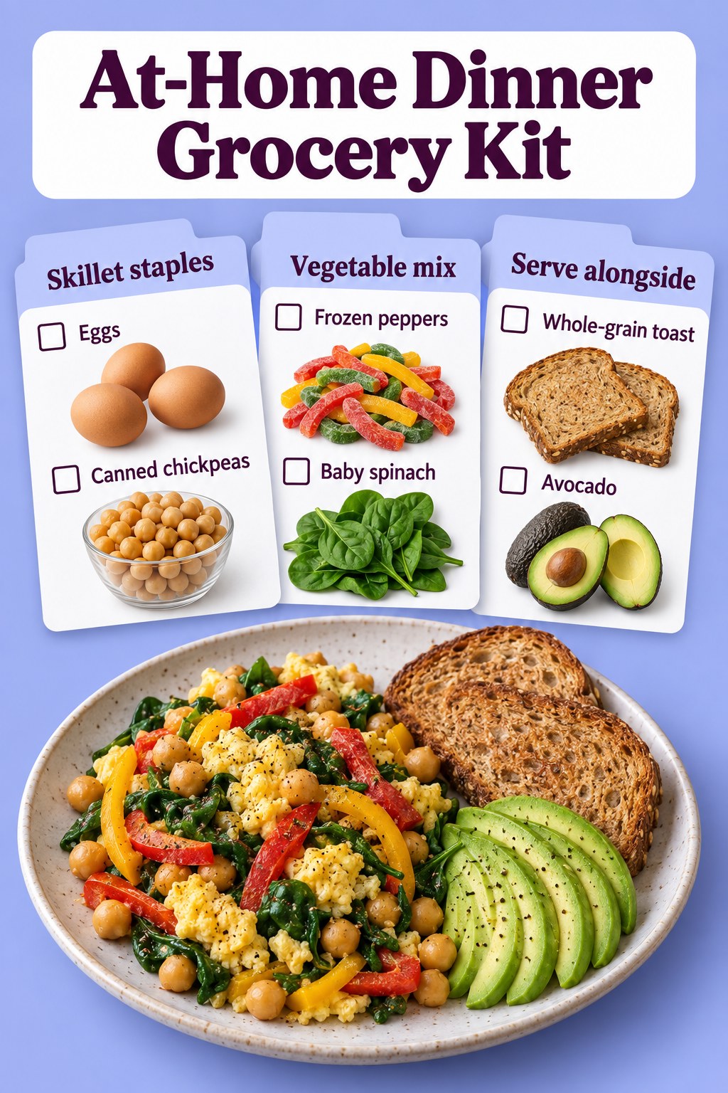 Periwinkle folder-style grocery checklist showing eggs, chickpeas, frozen peppers, spinach, whole-grain toast and avocado.