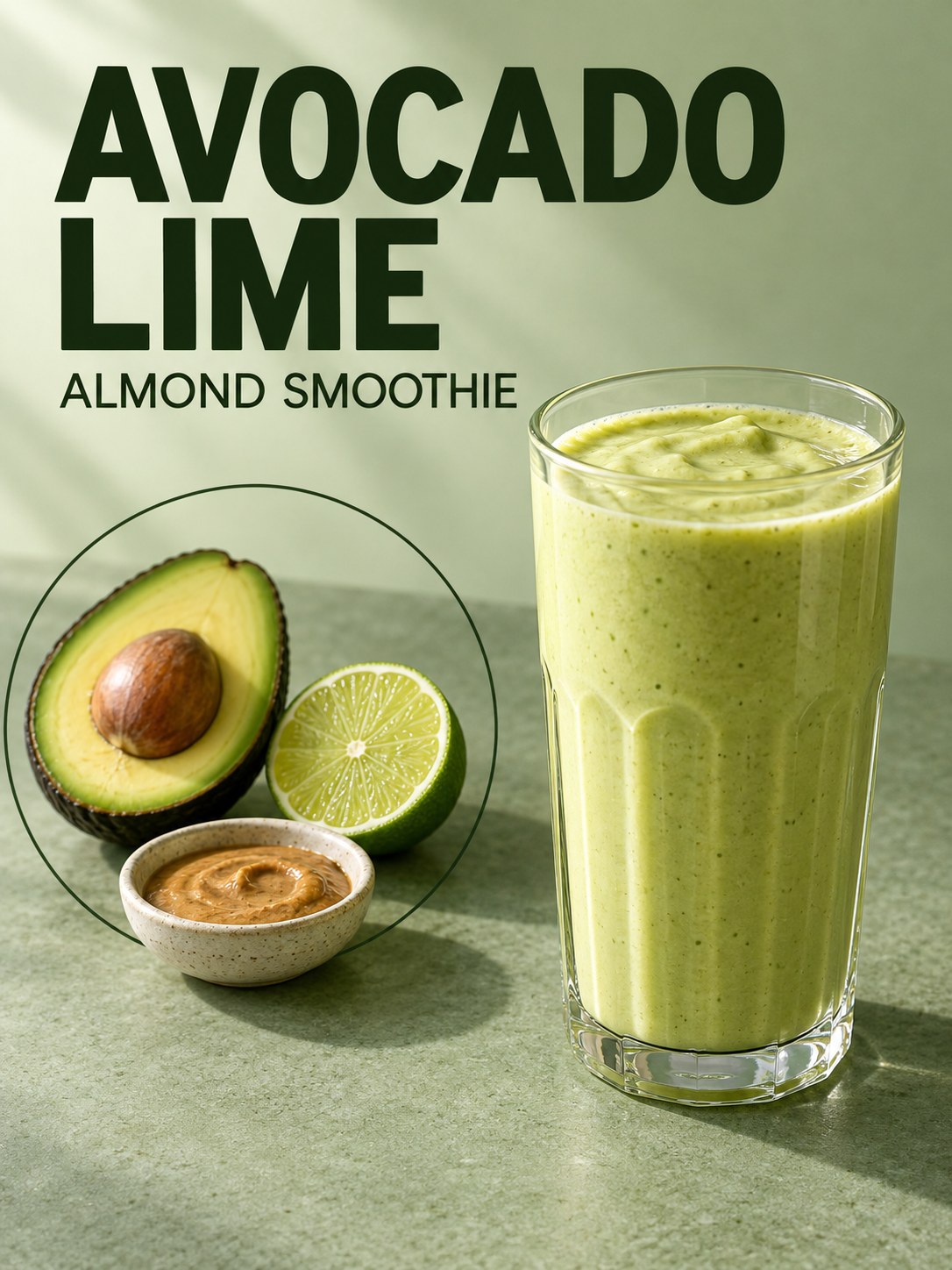 Light green avocado lime smoothie in a tall glass with avocado and lime on a green counter, under a bold Avocado Lime headline.