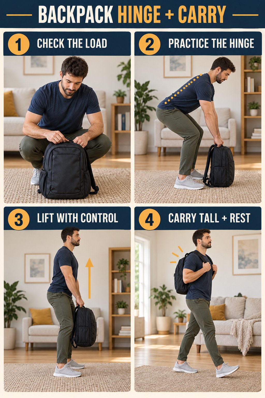 Backpack strength infographic showing load check, hip hinge practice, controlled lift, upright carry, and rest.