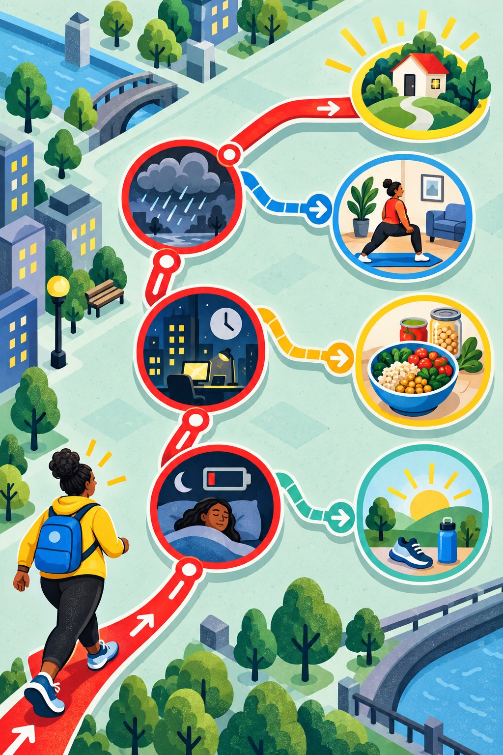 Transit-map infographic routing weather, overtime, and low-energy roadblocks toward indoor movement, quick meals, and rest.
