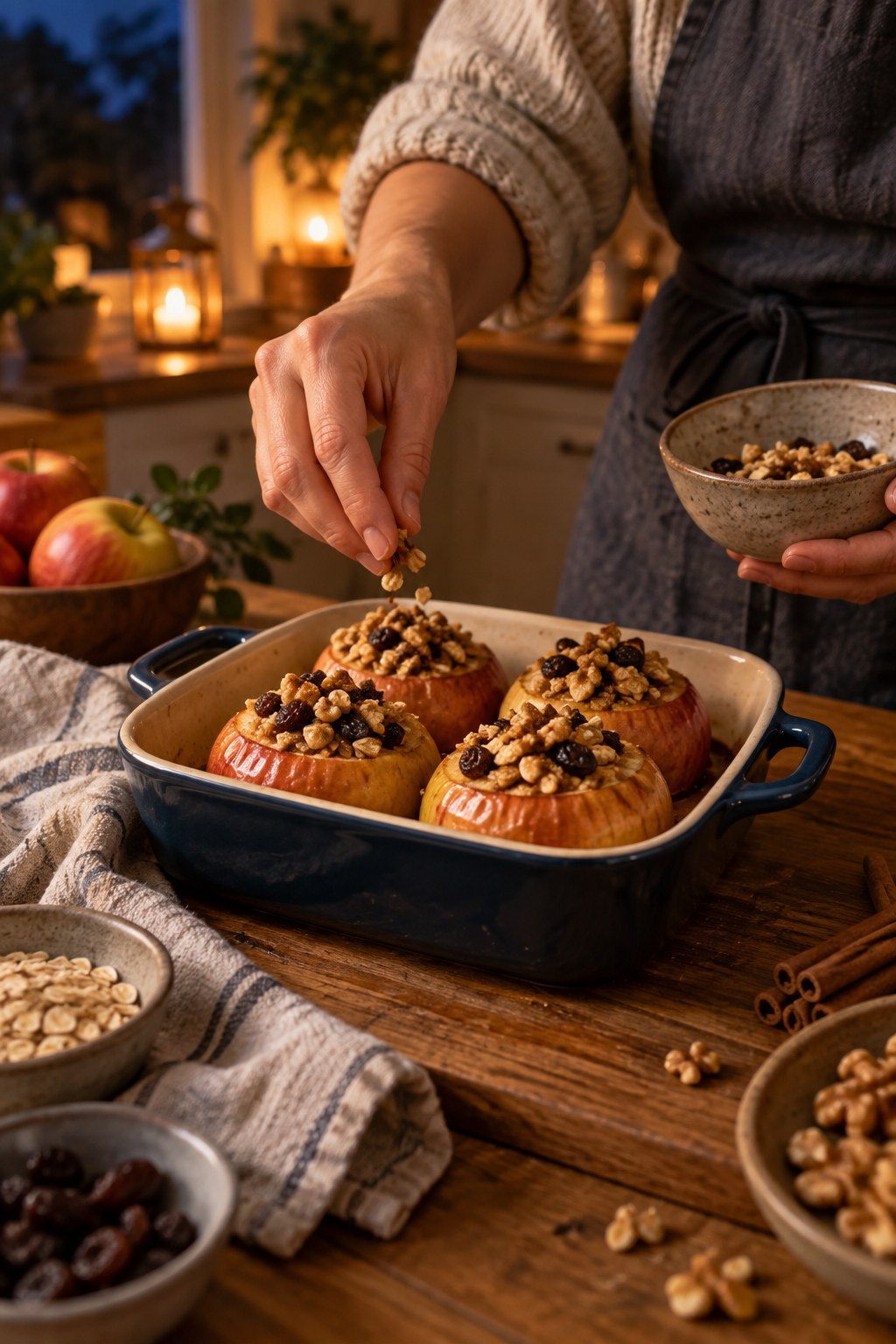 Adult topping baked cinnamon apples stuffed with oats, raisins, and walnuts in a ceramic dish.