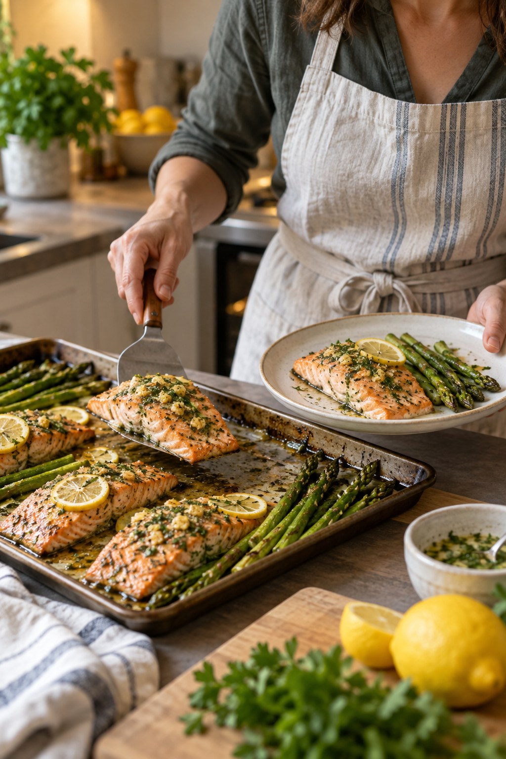 Adult serving baked lemon herb salmon and roasted asparagus from a sheet pan onto a dinner plate.