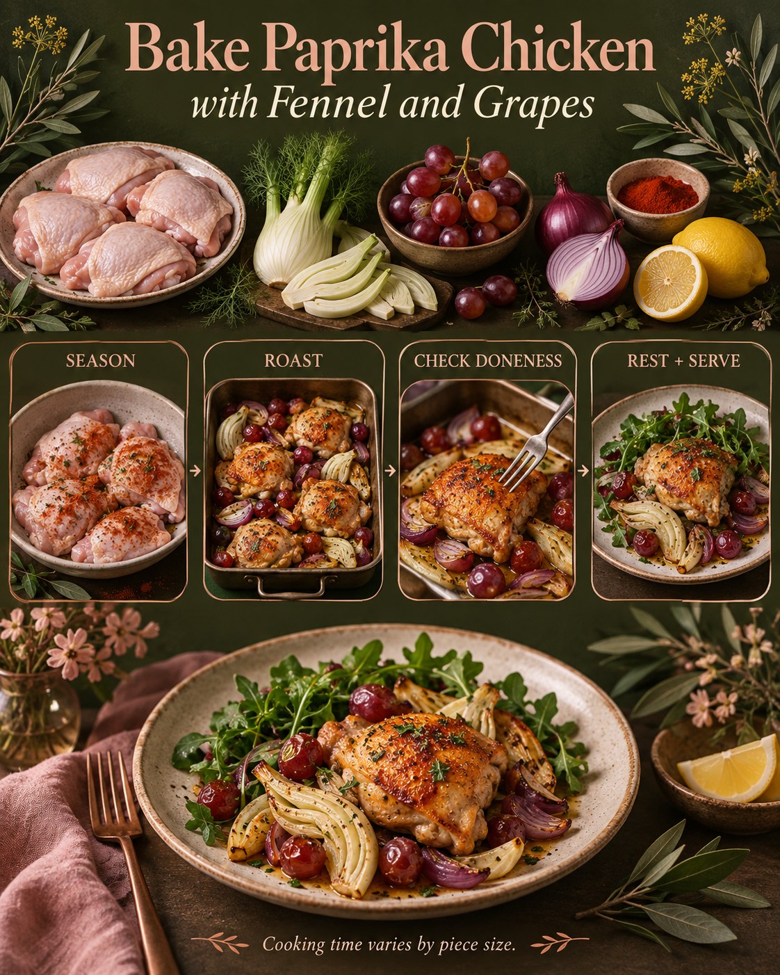 Dark olive, pink, copper, and cream cookbook infographic showing paprika chicken with fennel and grapes.