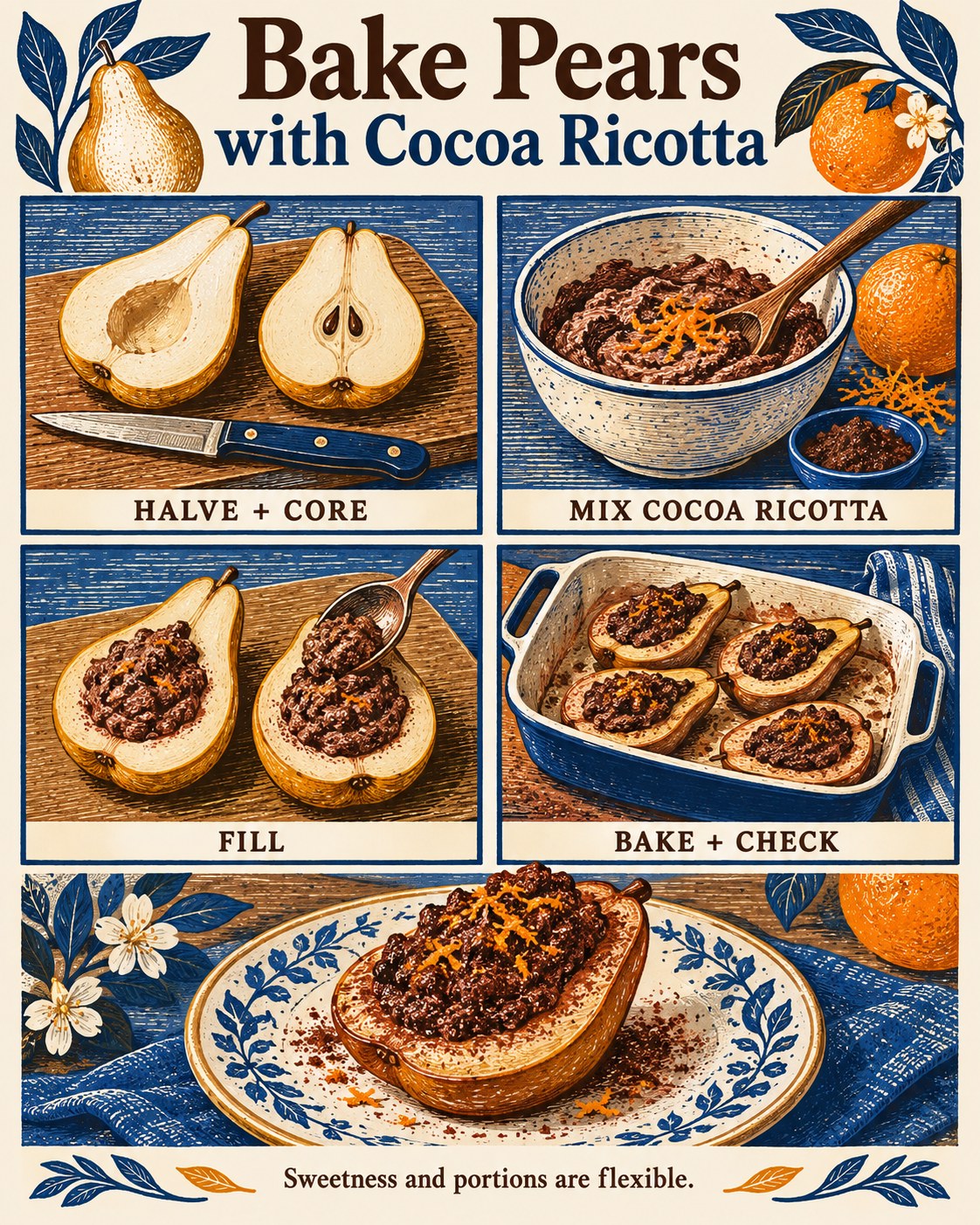 Cream, cocoa, cobalt, and orange linocut infographic showing pears filled with cocoa ricotta.