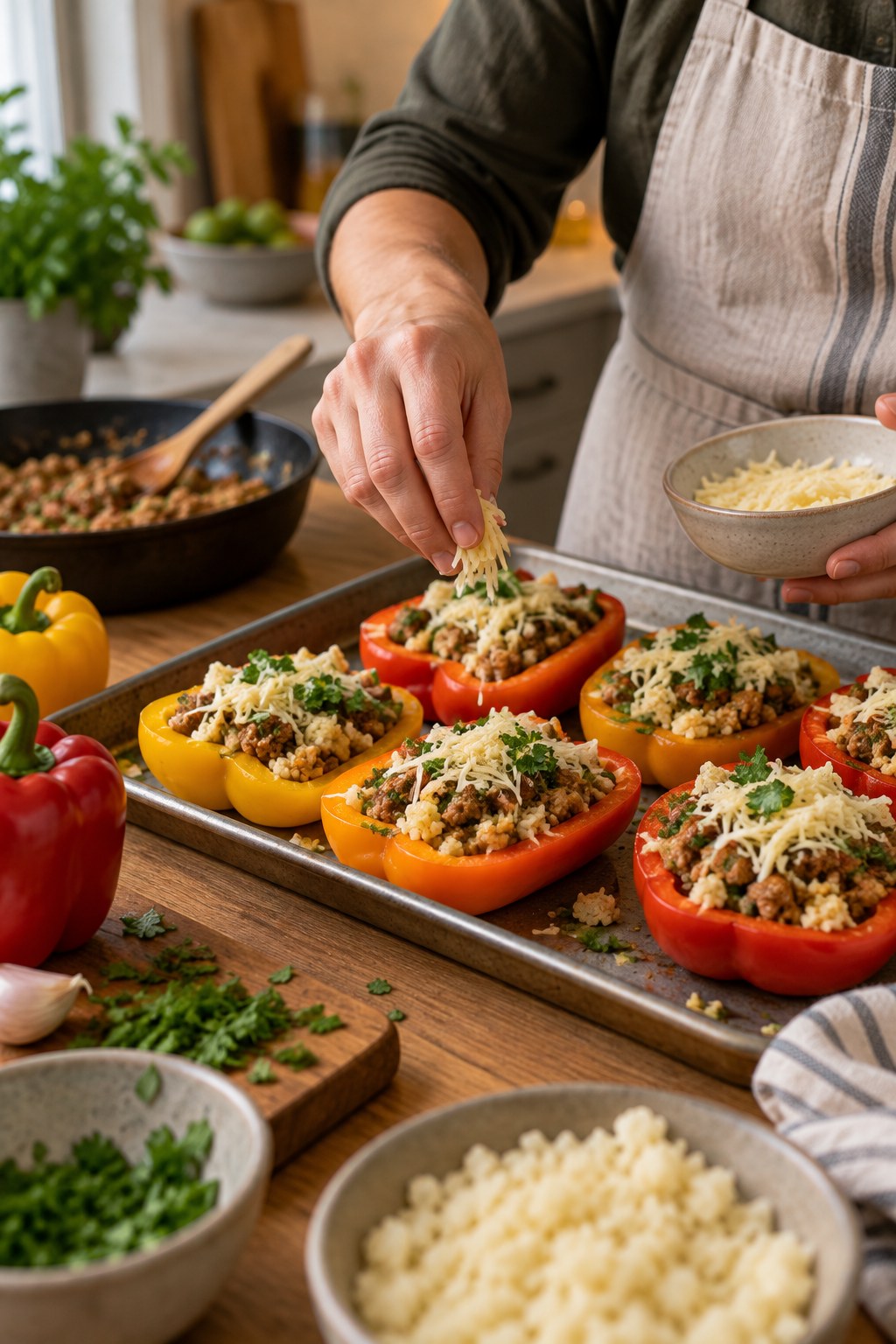 Adult home cook topping bell pepper halves filled with turkey, cauliflower rice, and herbs on a sheet pan.