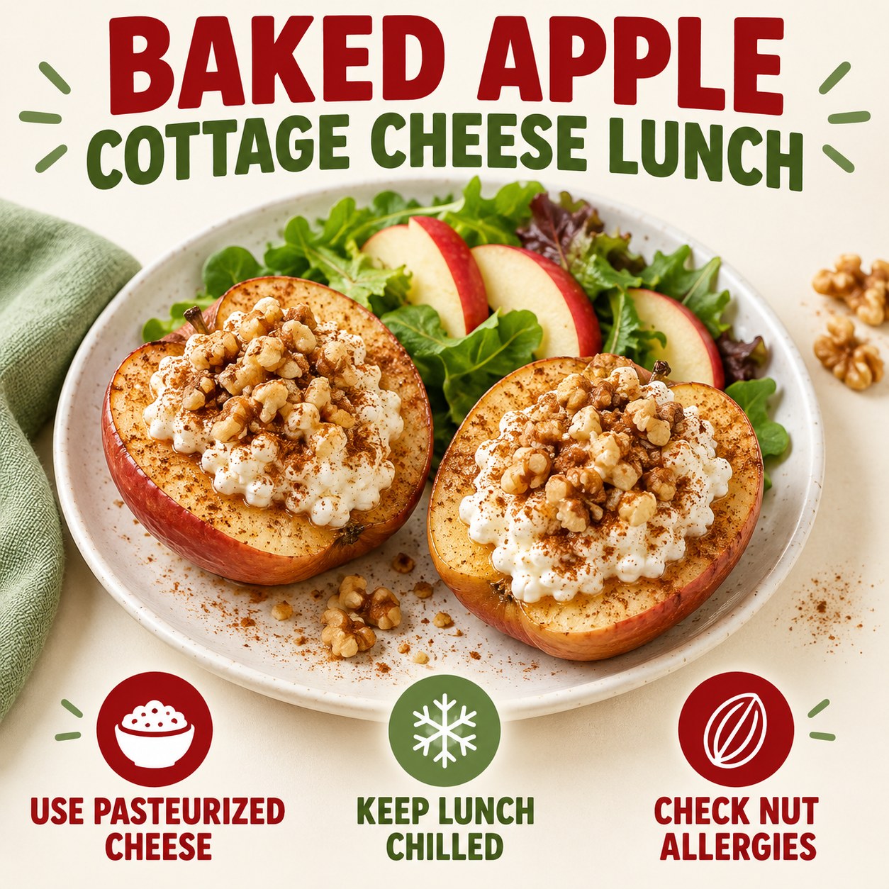 Infographic for baked apple cottage cheese walnut lunch with pasteurized cheese, chilling, and nut allergy reminders