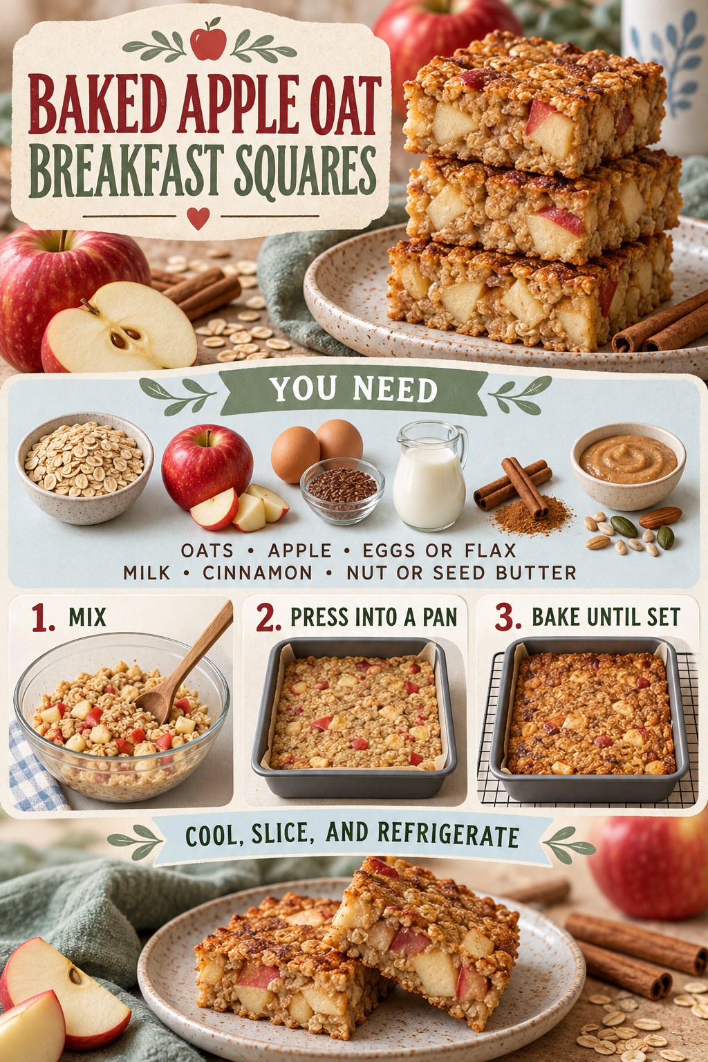 Portrait recipe infographic showing baked apple oat breakfast squares, the ingredients, and steps to mix, press, bake, cool, and refrigerate.
