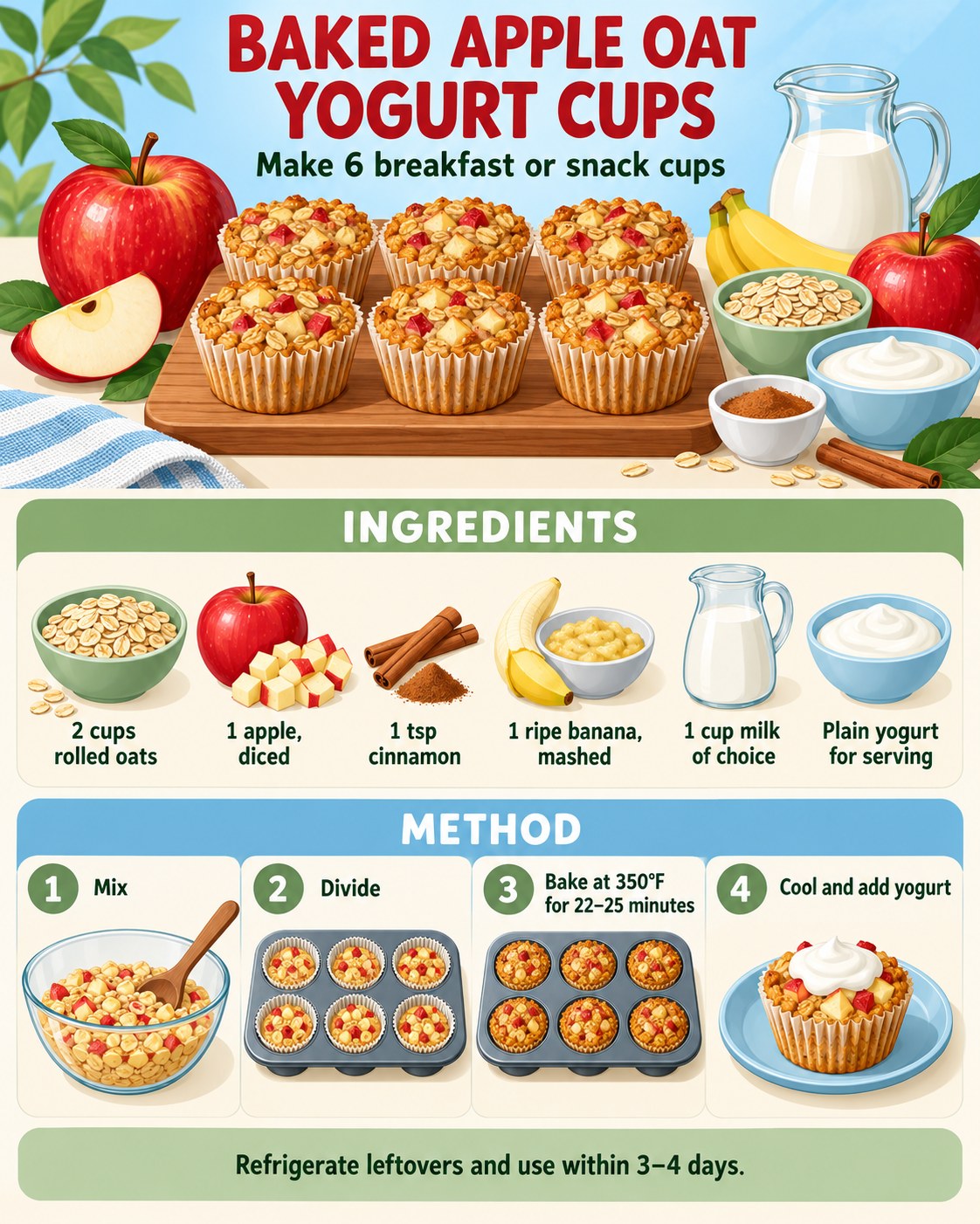 Apple red, oat gold, blue, and sage recipe infographic for six baked apple oat yogurt cups with ingredients and four method steps.