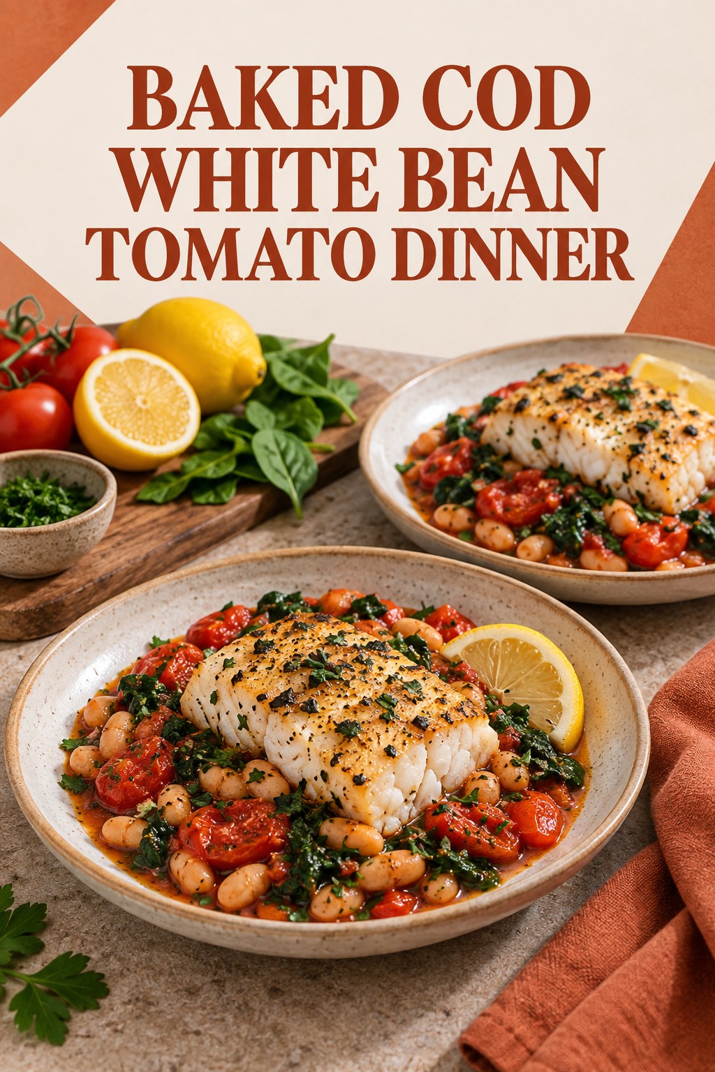 Two servings of baked cod white bean tomato dinner made with cod, white beans, and vegetables.