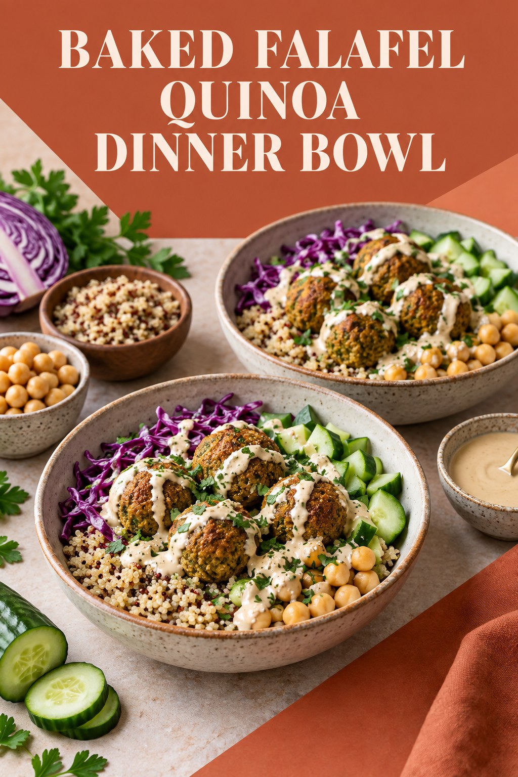 Two servings of baked falafel quinoa dinner bowl made with chickpeas, quinoa, and vegetables.