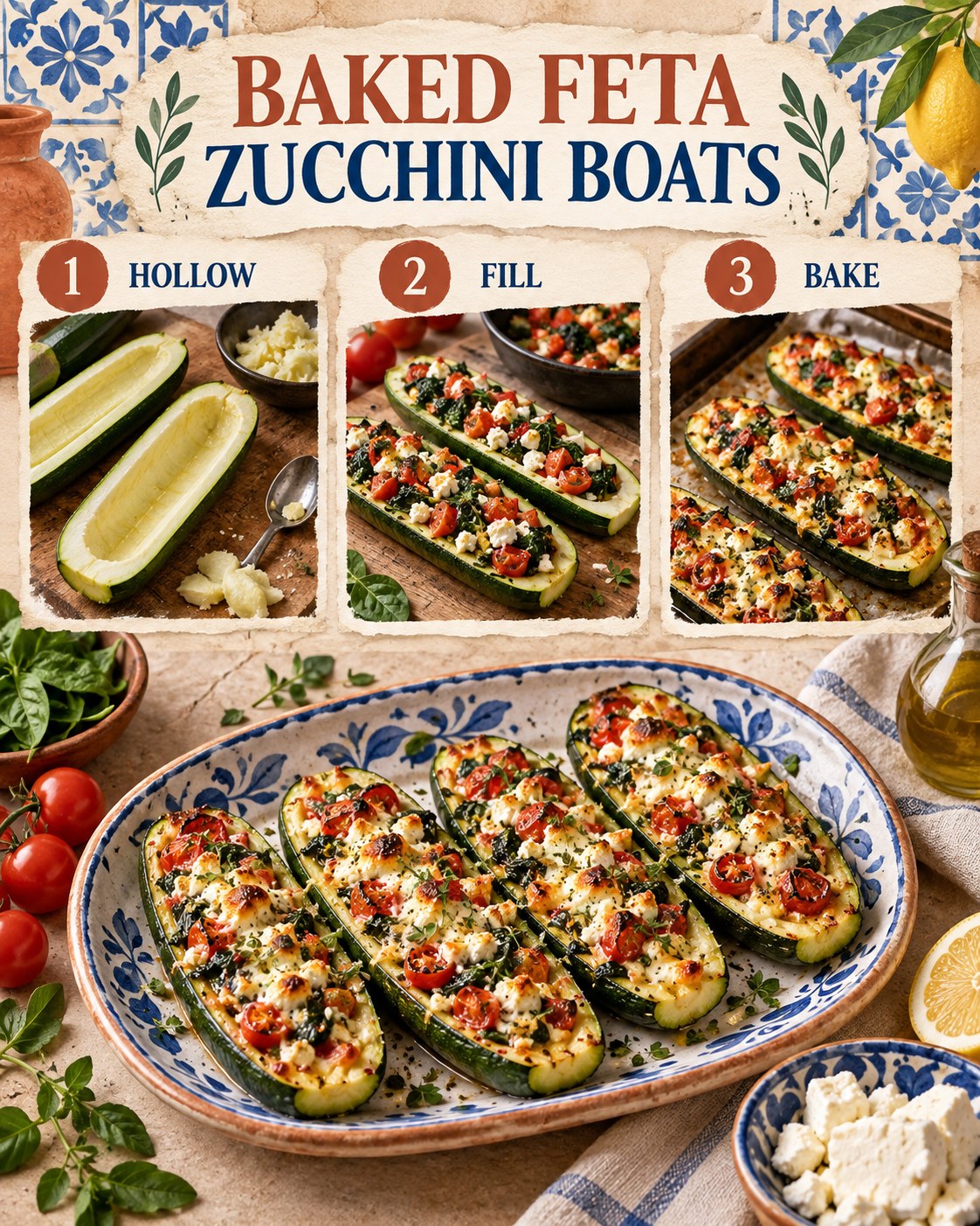 Terracotta, cobalt, and cream infographic showing zucchini boats hollowed, filled with spinach, tomato, and feta, then baked.