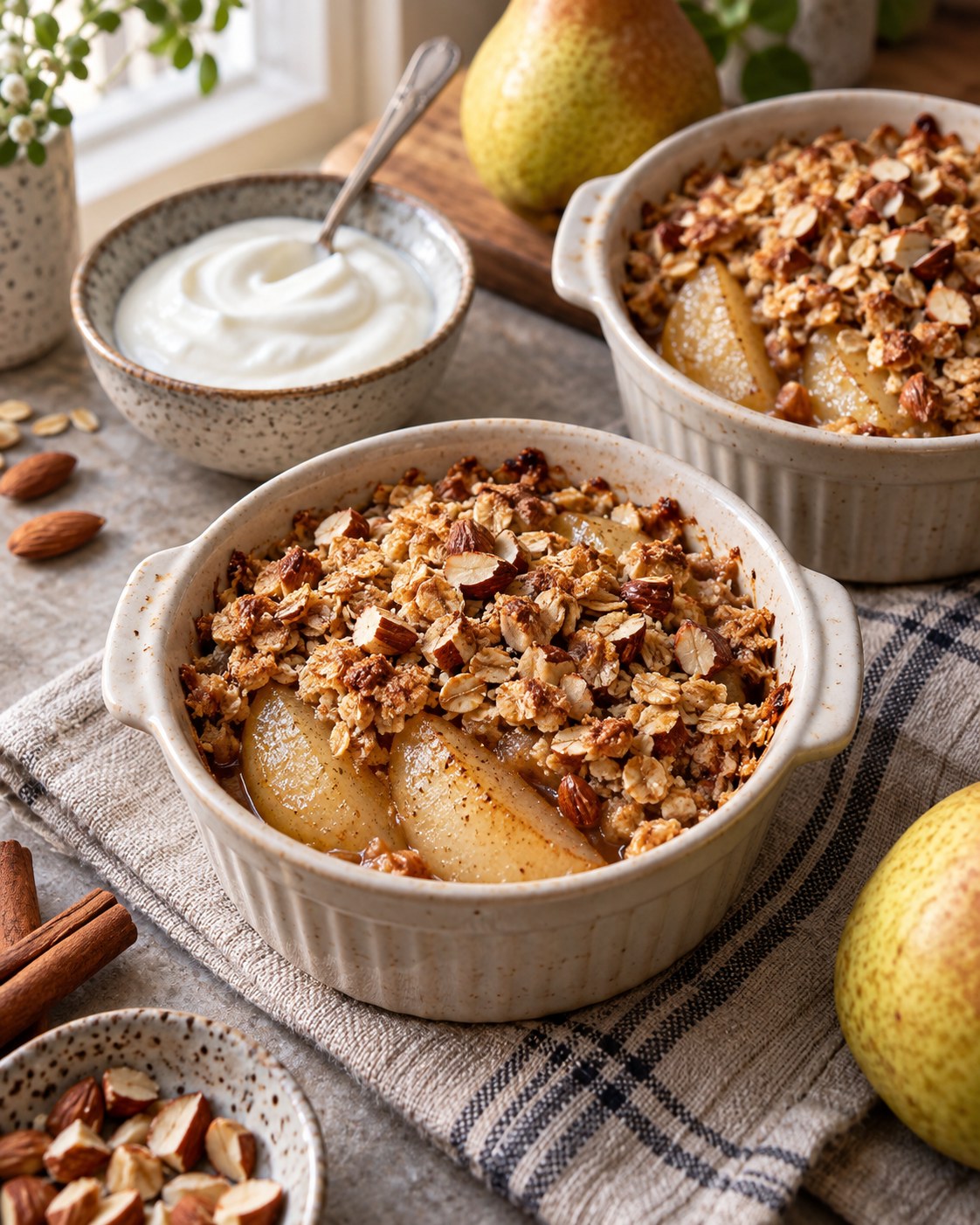 Individual baked pear crumbles with oat almond cinnamon topping served beside plain yogurt