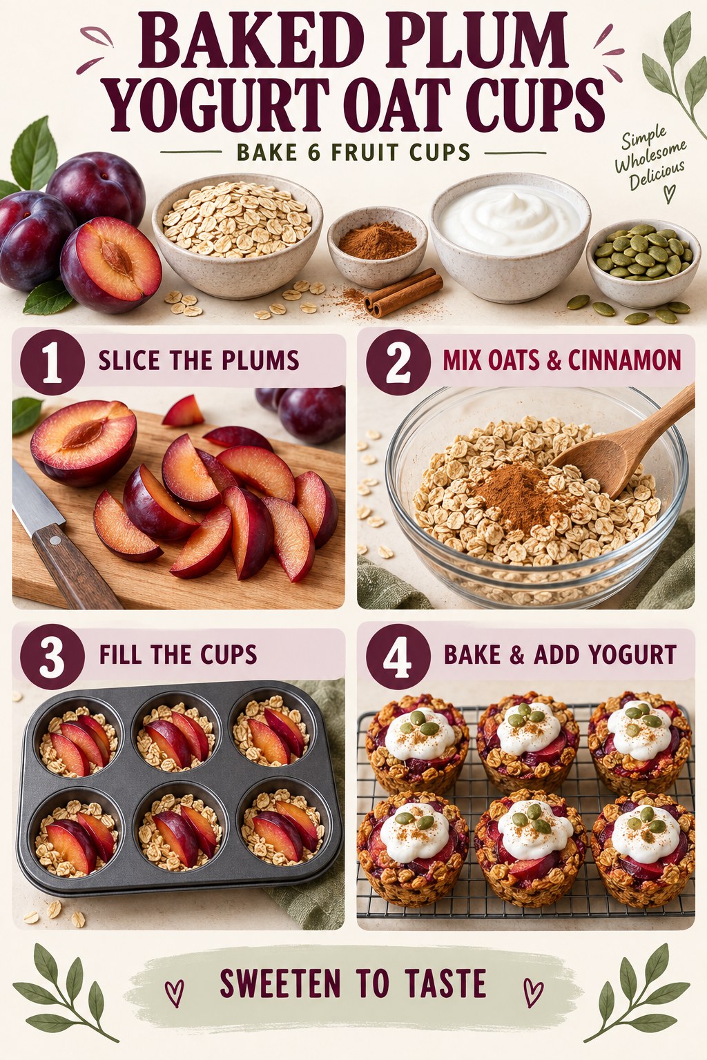 Baked plum oat cups with cinnamon and plain yogurt served in individual portions.