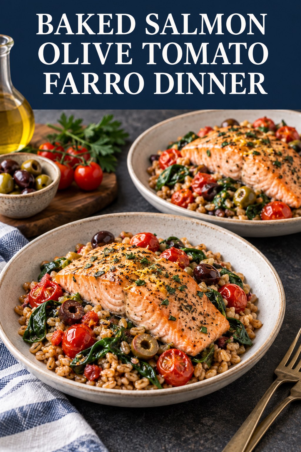 Two servings of baked salmon olive tomato farro dinner made with salmon, farro, and vegetables.