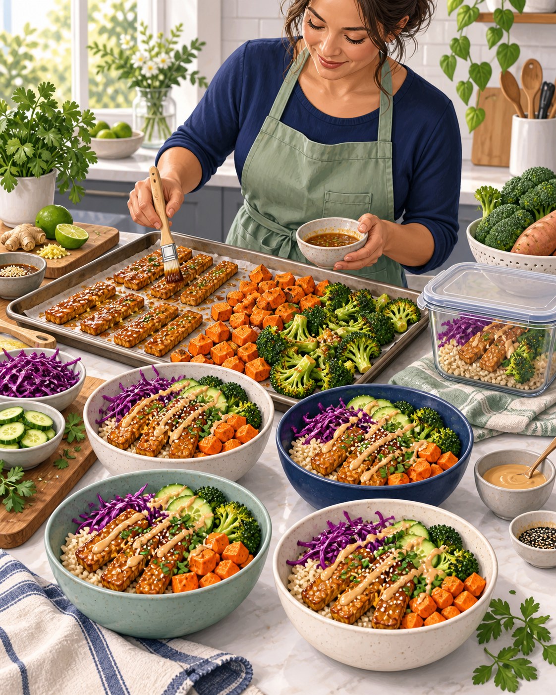 Woman brushing tempeh beside sweet potato and broccoli and assembling four rice bowls with cabbage and cucumber