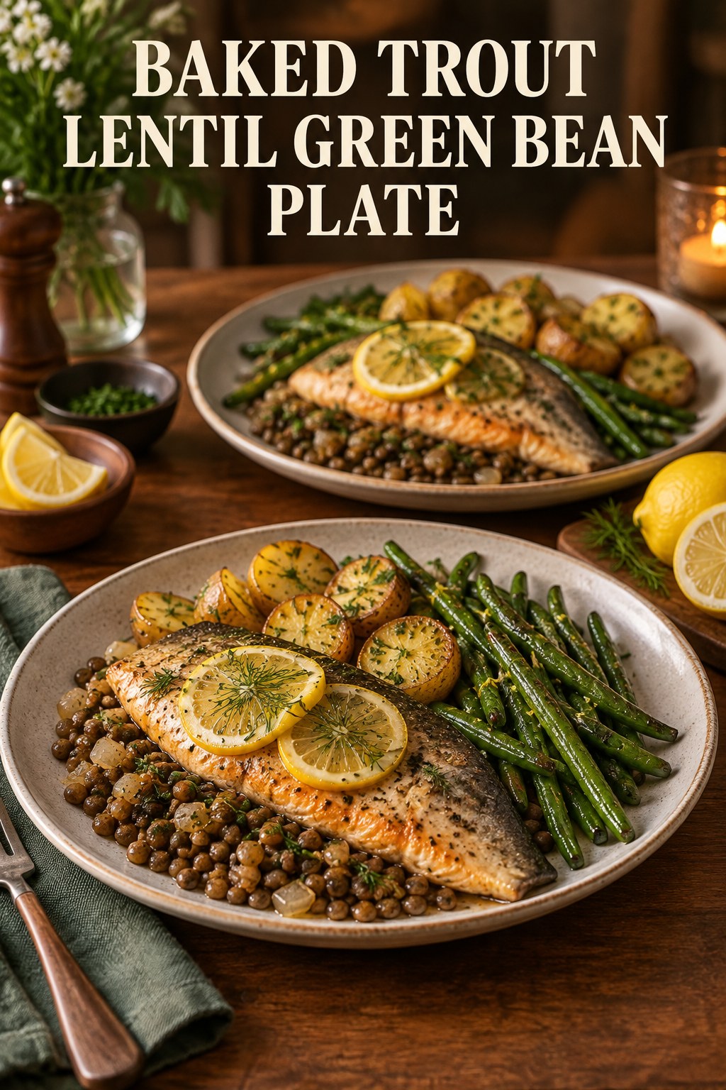 Two servings of baked trout lentil green bean plate made with trout, lentils, and vegetables.