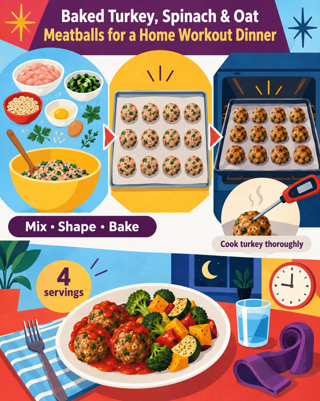 Geometric infographic showing turkey, spinach, oats, meatball shaping, baking, thermometer use, and four servings.