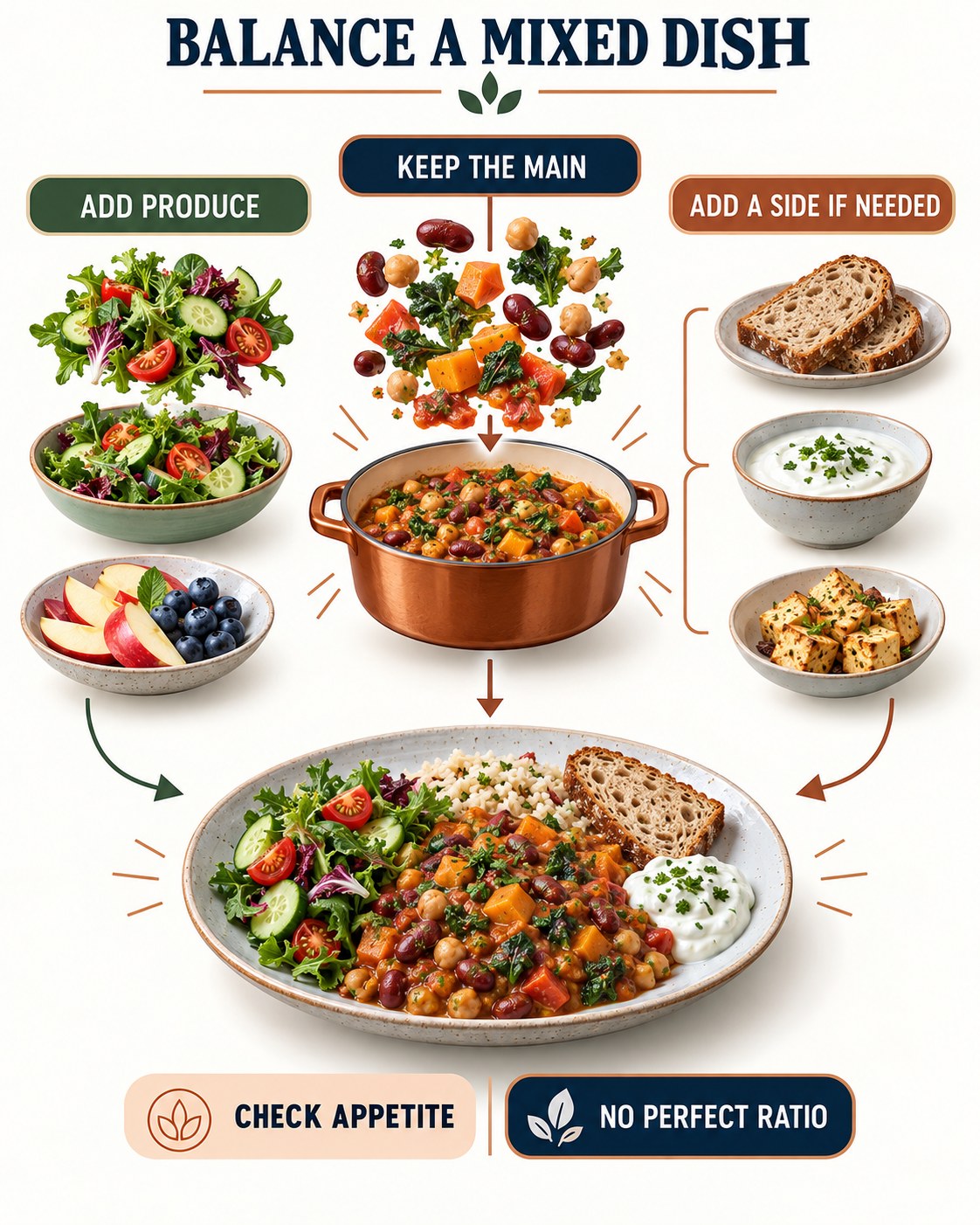 Navy, copper, jade, peach, cream, and white exploded-view infographic for balancing a mixed dish.