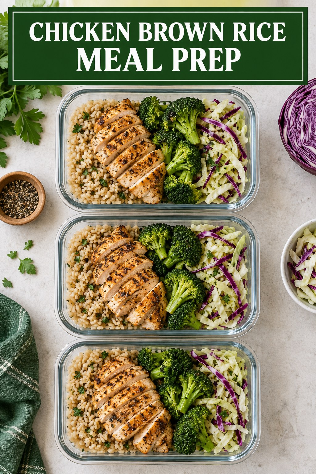 Three containers of balanced chicken brown rice prep boxes with chicken, brown rice, broccoli, and cabbage.