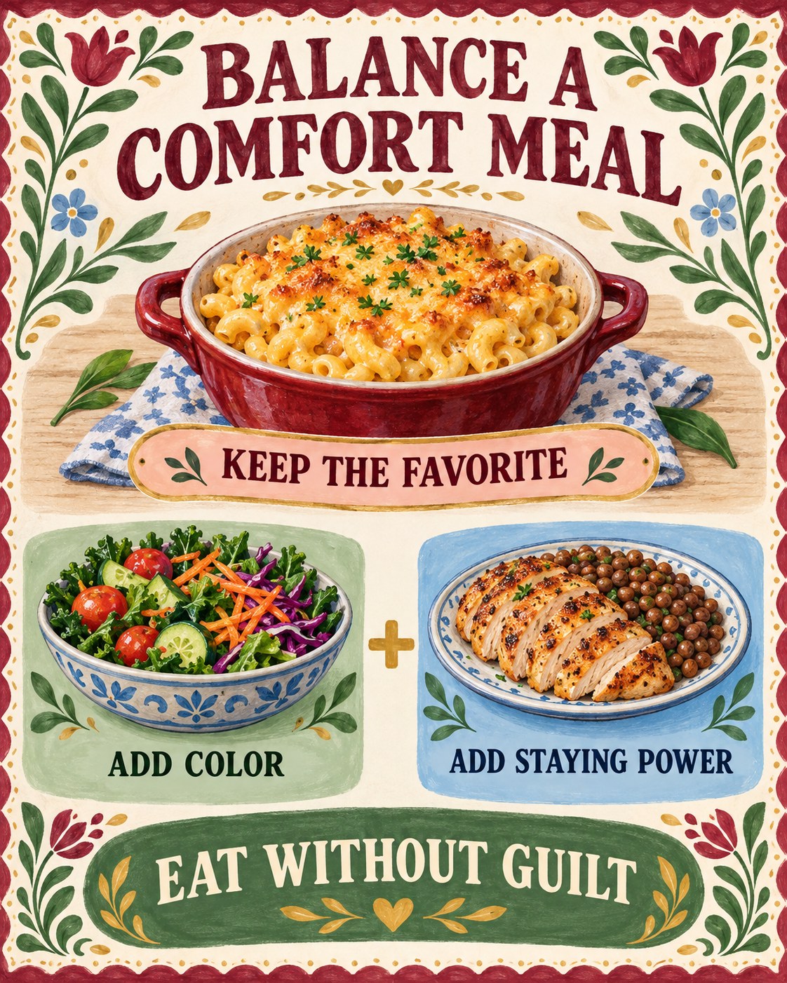 Burgundy, peach, sage, blue, ivory, and gold folk-art infographic for balancing a comforting meal.
