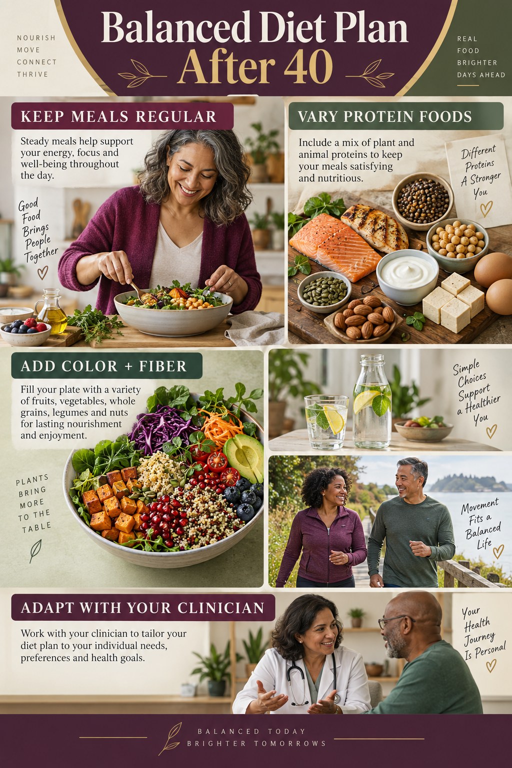 Portrait infographic showing diverse adults over 40 with balanced meals, varied protein foods, colorful fiber-rich plants, water, walking, and clinician guidance.