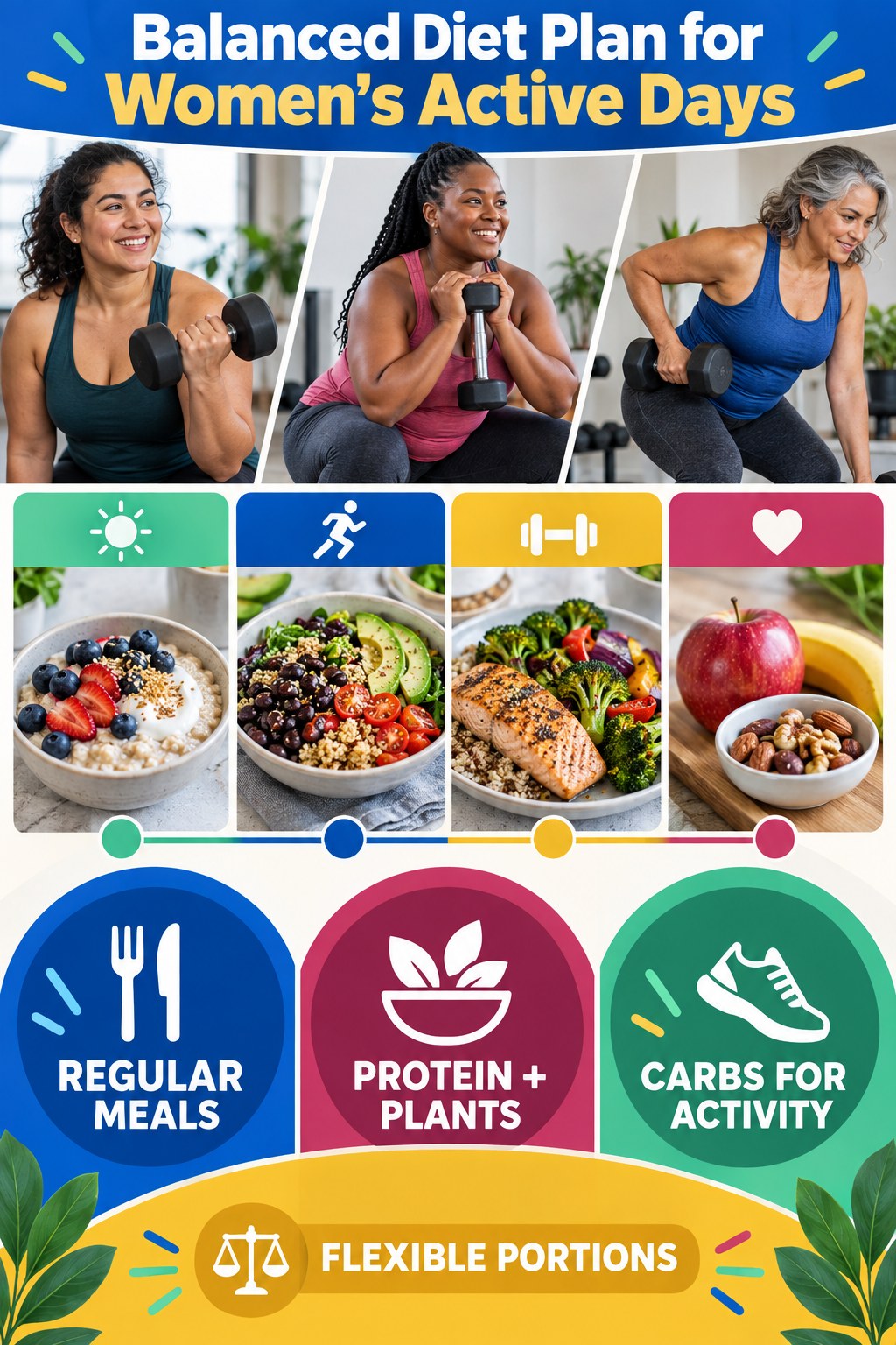 Portrait infographic showing diverse women lifting weights beside panels for regular meals, protein and plants, carbohydrates, and flexible portions.