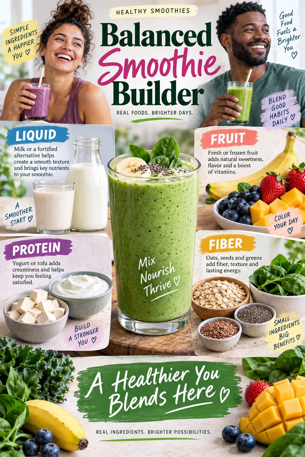 Portrait infographic showing a healthy smoothie builder with liquid, yogurt or tofu, fruit, oats, seeds and optional leafy greens.