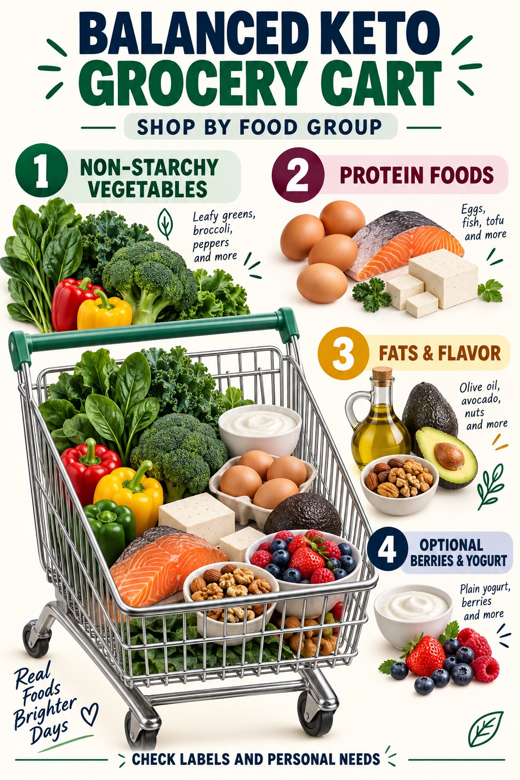 Balanced keto grocery cart with protein foods, colorful low-carb vegetables, avocado, olive oil, nuts, and herbs.