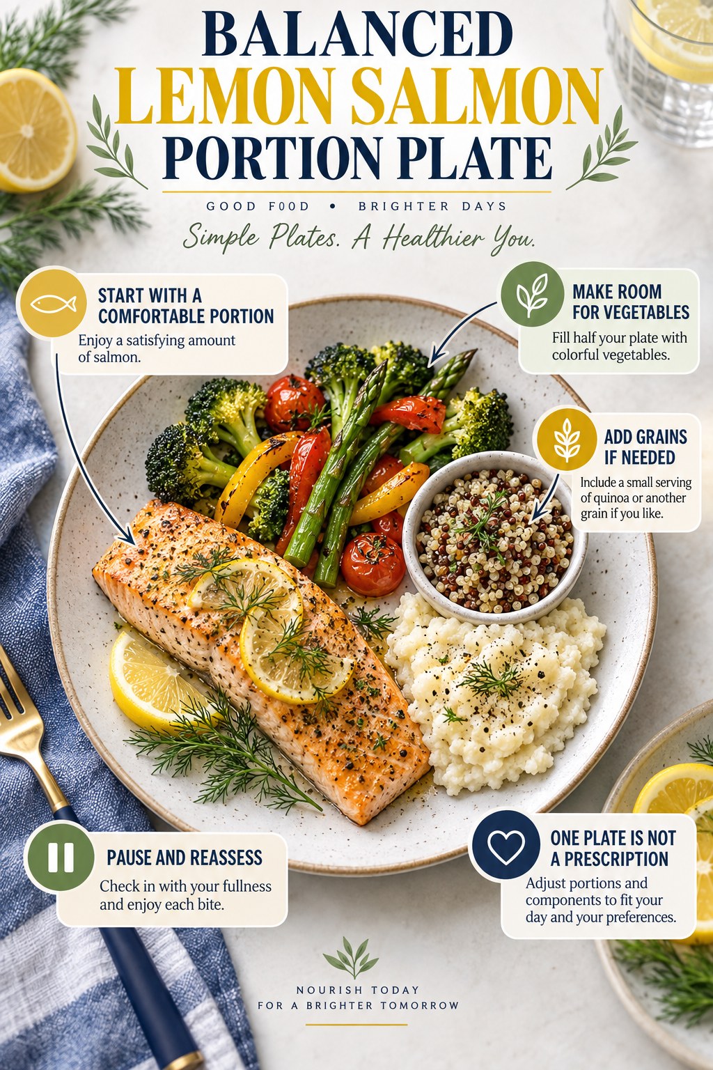 Lemon salmon portion plate with roasted vegetables, cauliflower mash, quinoa, lemon, dill, and flexible serving cues.