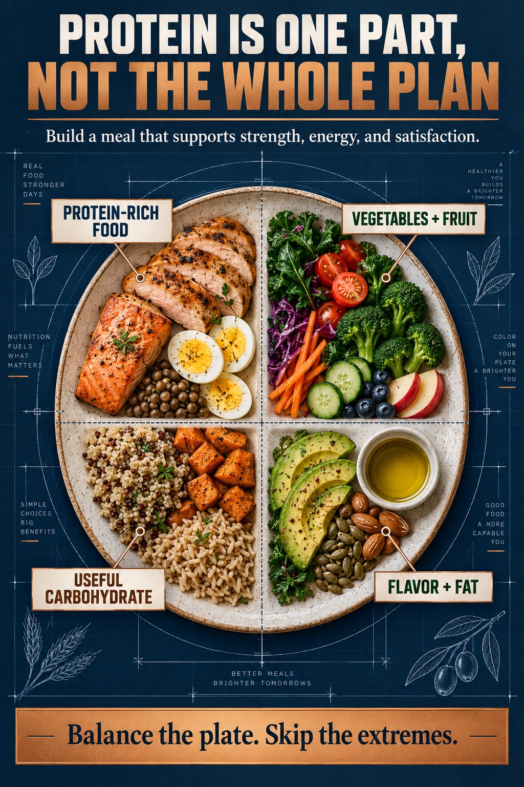 Midnight blue and copper blueprint infographic showing protein, plants, carbohydrates, and flavor plus fat as four parts of a balanced plate.