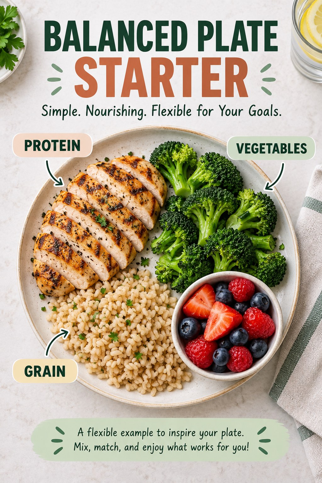 Balanced Plate Starter visual using grilled chicken, brown rice, broccoli, and berries as flexible example portions for Healthy Weight Loss.