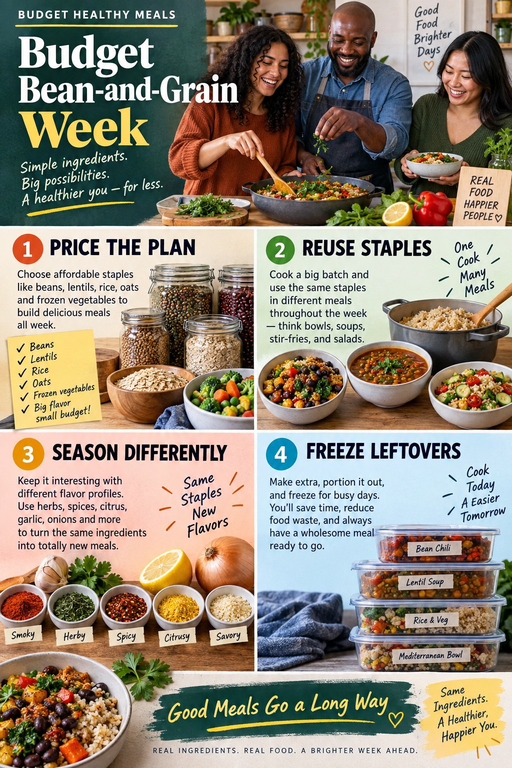 Portrait infographic showing vegetables, varied protein foods, grains and potatoes, and meal-prep containers with flexible balanced portions.