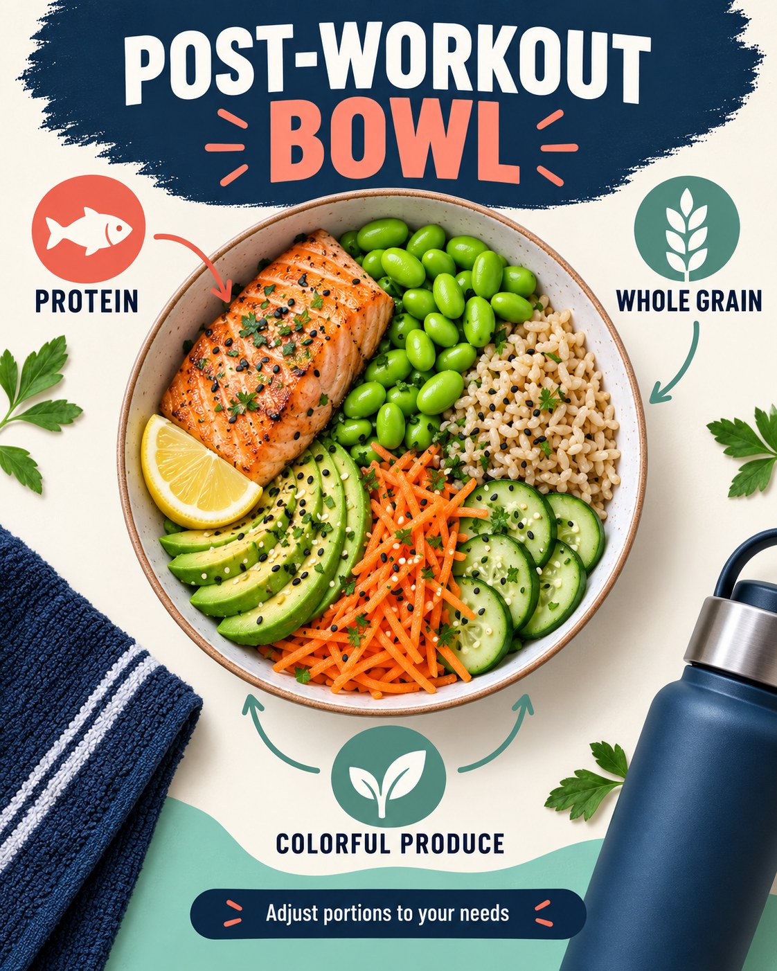 Navy, coral, and seafoam infographic showing a salmon edamame brown rice bowl with cucumber, carrot, avocado, and lemon.