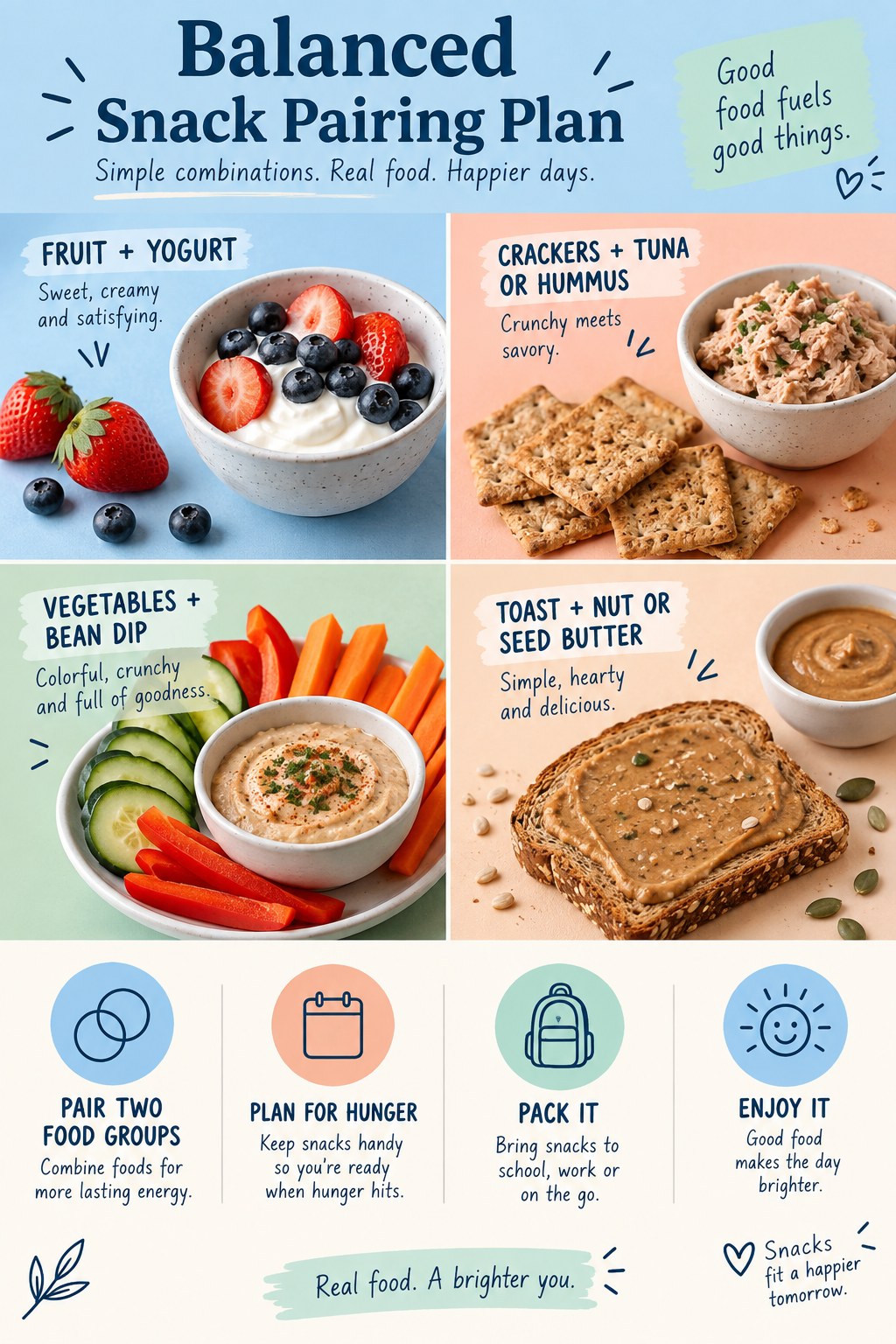 Portrait infographic showing fruit with yogurt, crackers with tuna or hummus, vegetables with bean dip, and toast with nut or seed butter.